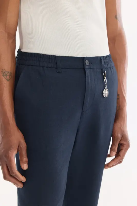 Men's Navy Blue Issos Relaxed Fit Trousers with Elastic Waistband, 100% Linen B003032 - 5