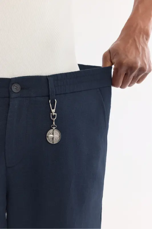 Men's Navy Blue Issos Relaxed Fit Trousers with Elastic Waistband, 100% Linen B003032 - 6