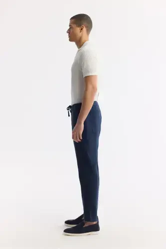 Men's Navy Blue Issos Relaxed Fit Trousers with Elastic Waistband, 100% Linen B003032 - 2