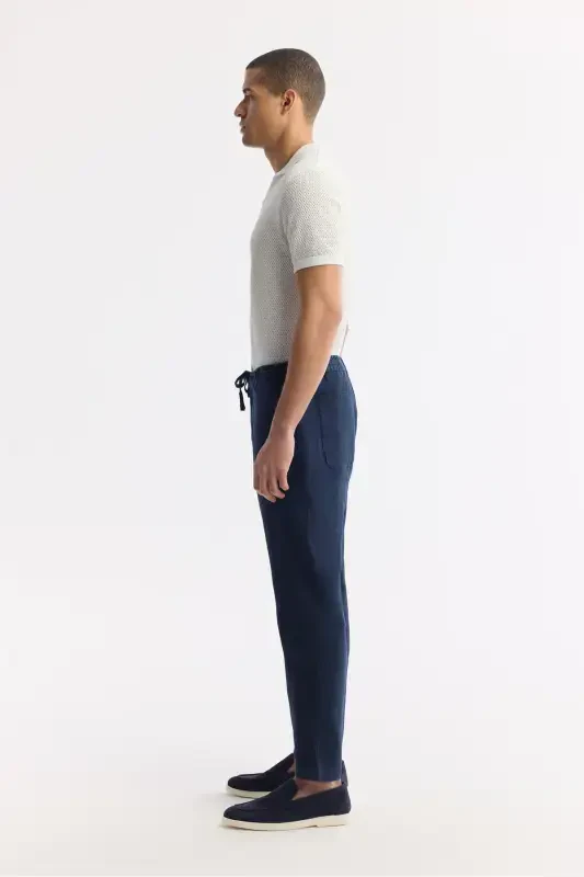 Men's Navy Blue Issos Relaxed Fit Trousers with Elastic Waistband, 100% Linen B003032 - 2