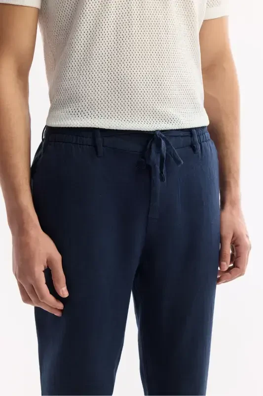Men's Navy Blue Issos Relaxed Fit Trousers with Elastic Waistband, 100% Linen B003032 - 4