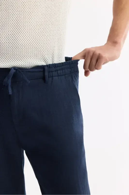 Men's Navy Blue Issos Relaxed Fit Trousers with Elastic Waistband, 100% Linen B003032 - 5