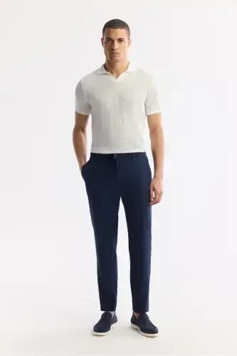 Men's Navy Blue Issos Relaxed Fit Trousers with Elastic Waistband, 100% Linen B003032 - 7