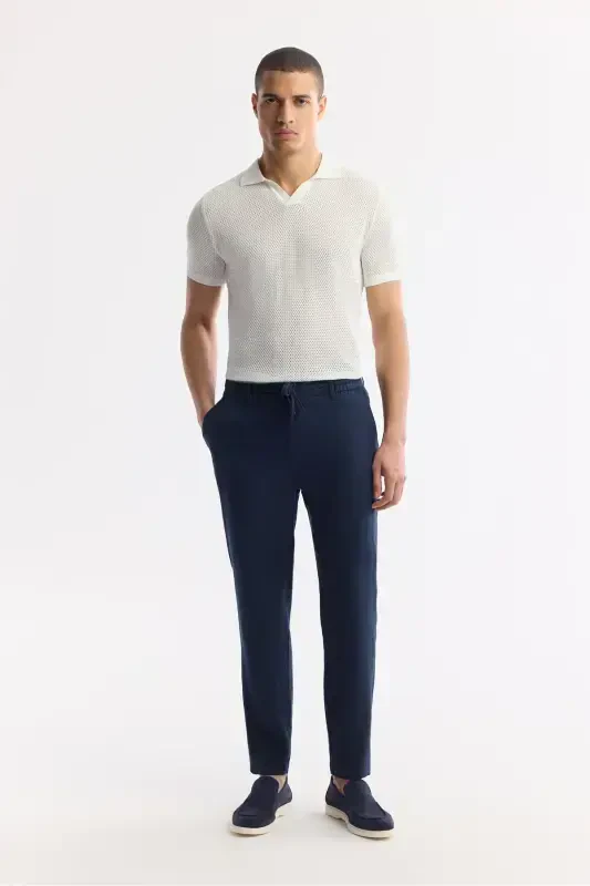 Men's Navy Blue Issos Relaxed Fit Trousers with Elastic Waistband, 100% Linen B003032 - 7