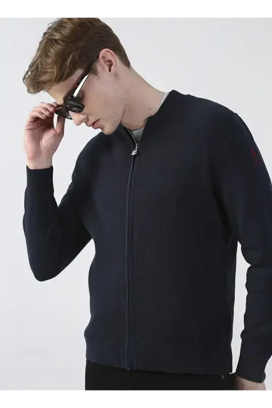 Men's Navy Blue Knit Cardigan Basic-Navy Blue - 1