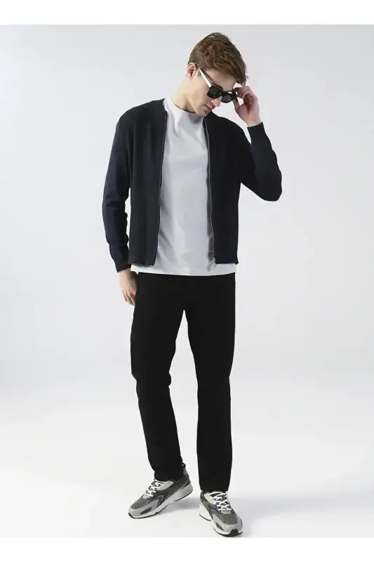 Men's Navy Blue Knit Cardigan Basic-Navy Blue - 2