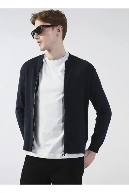 Men's Navy Blue Knit Cardigan Basic-Navy Blue - 3
