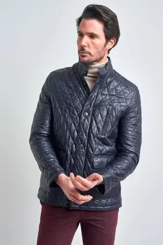 Men's Navy Blue Leather Jacket-NAVY BLUE - 1