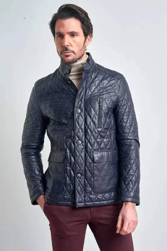 Men's Navy Blue Leather Jacket-NAVY BLUE - 2