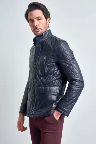 Men's Navy Blue Leather Jacket-NAVY BLUE - 3