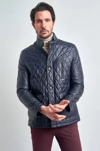 Men's Navy Blue Leather Jacket-NAVY BLUE - 4