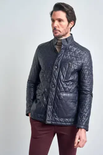 Men's Navy Blue Leather Jacket-NAVY BLUE - 5