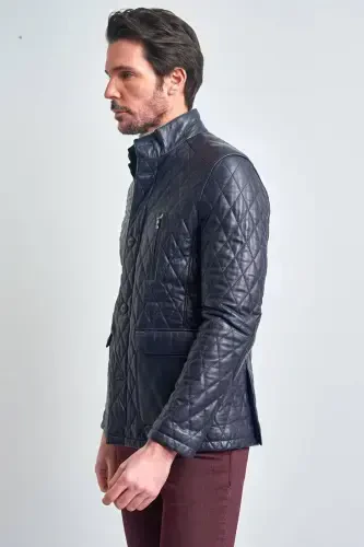 Men's Navy Blue Leather Jacket-NAVY BLUE - 6