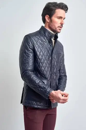 Men's Navy Blue Leather Jacket-NAVY BLUE - 7