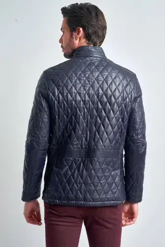 Men's Navy Blue Leather Jacket-NAVY BLUE - 8