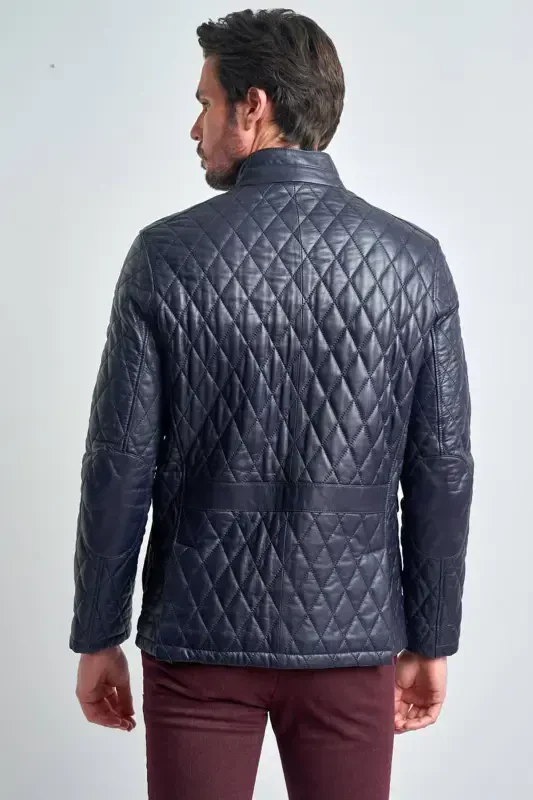 Men's Navy Blue Leather Jacket-NAVY BLUE - 8