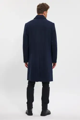 Men's Navy Blue Long Regular Fit Wool Coat - NAVY BLUE - 2