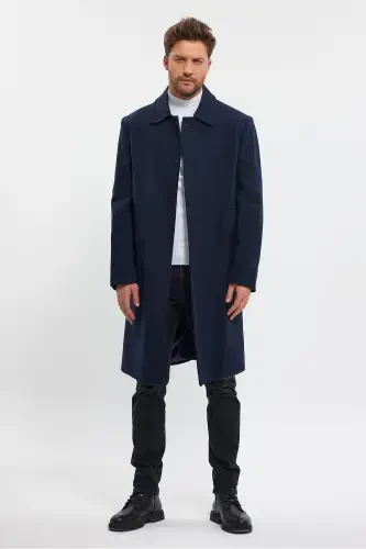 Men's Navy Blue Long Regular Fit Wool Coat - NAVY BLUE - 4
