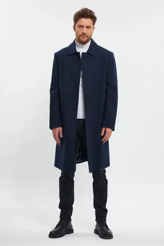 Men's Navy Blue Long Regular Fit Wool Coat - NAVY BLUE - 4
