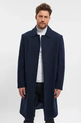 Men's Navy Blue Long Regular Fit Wool Coat - NAVY BLUE - 6