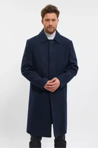 Men's Navy Blue Long Regular Fit Wool Coat - NAVY BLUE - 7