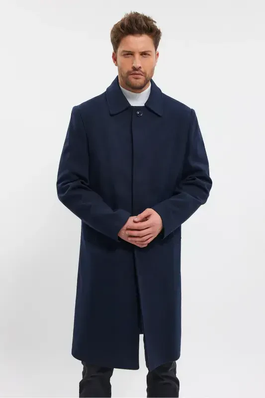 Men's Navy Blue Long Regular Fit Wool Coat - NAVY BLUE - 7