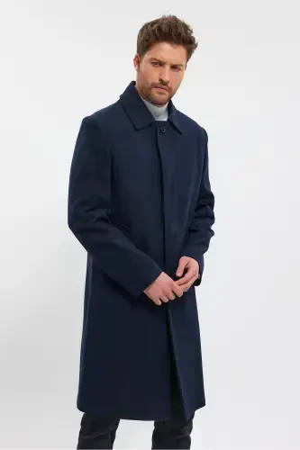Men's Navy Blue Long Regular Fit Wool Coat - NAVY BLUE - 8