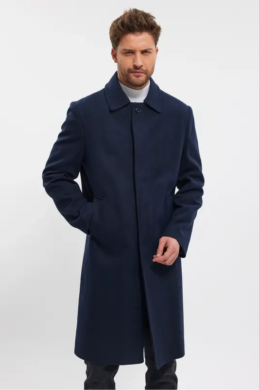Men's Navy Blue Long Regular Fit Wool Coat - NAVY BLUE - TREND KOMBİN