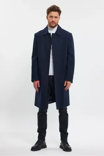 Men's Navy Blue Long Regular Fit Wool Coat - NAVY BLUE - 5