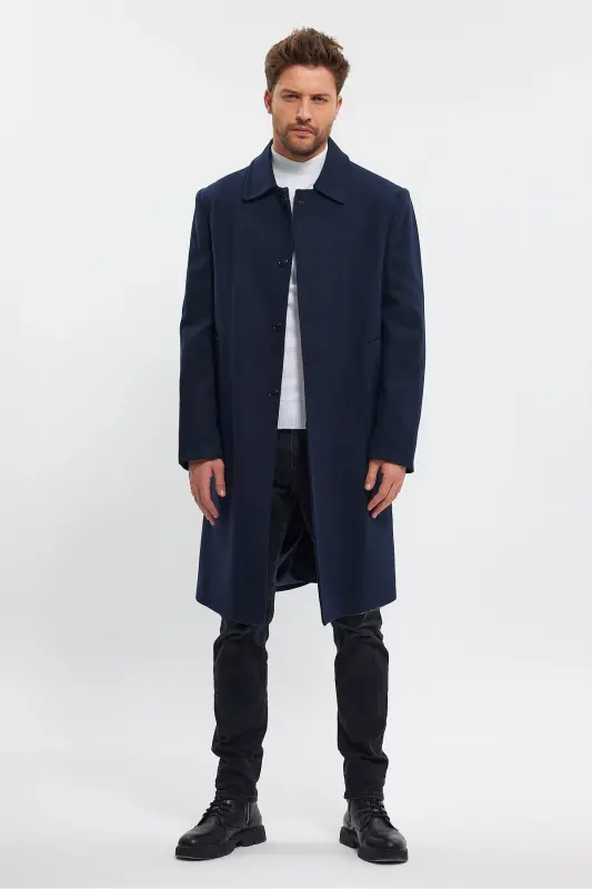 Men's Navy Blue Long Regular Fit Wool Coat - NAVY BLUE - 5