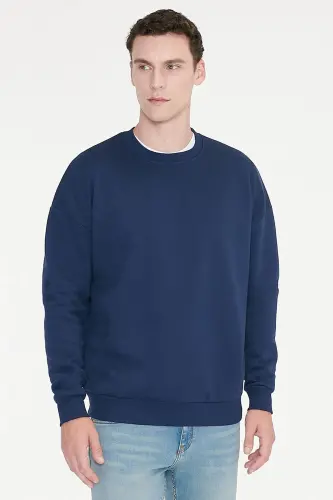 Men's Navy Blue Oversize Fit Loose Cut Cotton Fleece Lined 3-Thread Crew Neck Sweatshirt - Navy Blue 