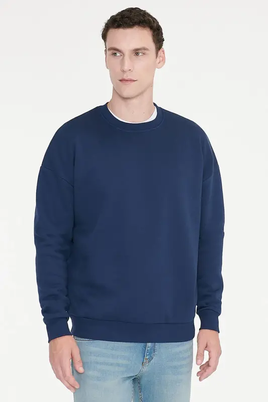 Men's Navy Blue Oversize Fit Loose Cut Cotton Fleece Lined 3-Thread Crew Neck Sweatshirt - Navy Blue - 1