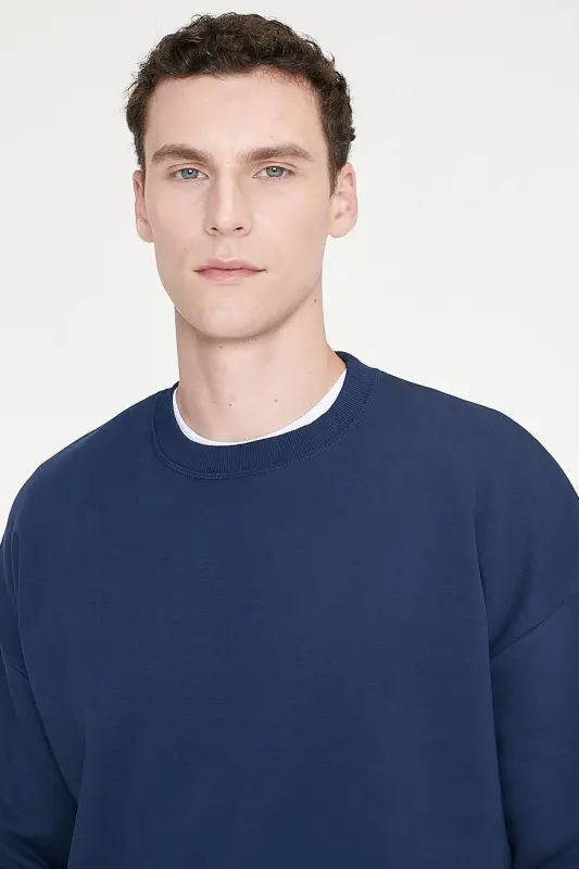 Men's Navy Blue Oversize Fit Loose Cut Cotton Fleece Lined 3-Thread Crew Neck Sweatshirt - Navy Blue - 4