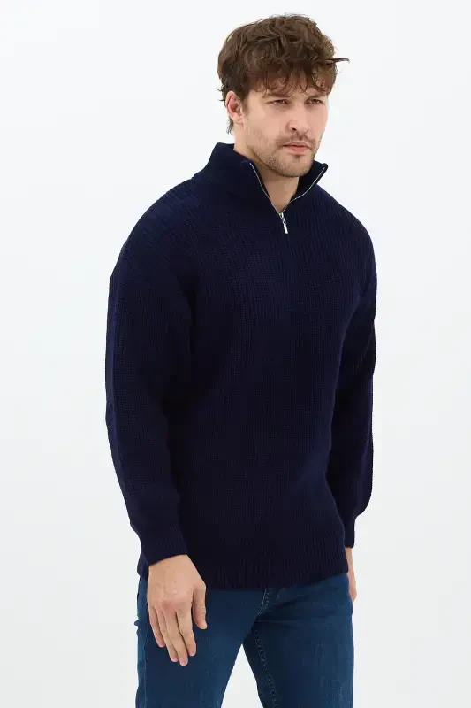 Men's Navy Blue Oversize Zippered Fisherman's Knit Sweater - DARK NAVY - 2