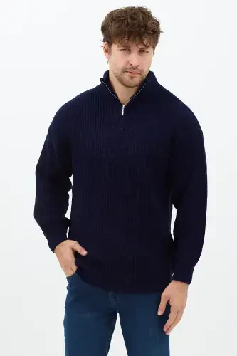 Men's Navy Blue Oversize Zippered Fisherman's Knit Sweater - DARK NAVY - 5