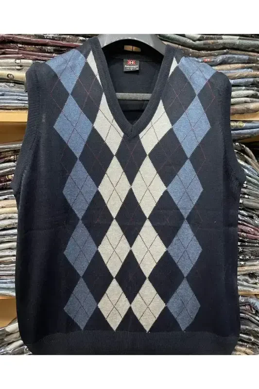 Men's Navy Blue Plaid Patterned V-Neck Thin Knit Vest-NAVY BLUE BLACK SMOKE GRAY - 1