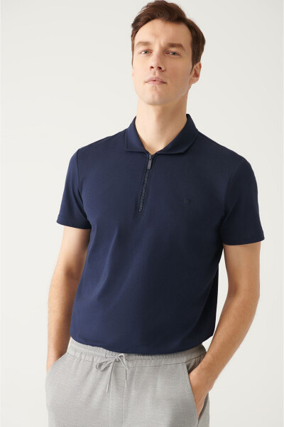 Men's Navy Blue Polo Collar T-shirt 100% Cotton Zip Regular Fit E001034 - 11