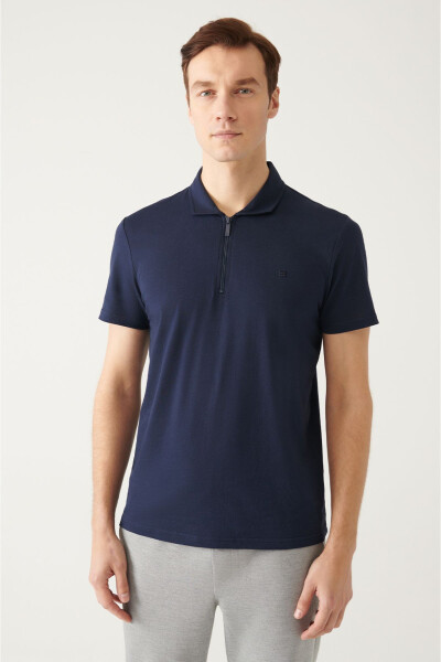 Men's Navy Blue Polo Collar T-shirt 100% Cotton Zip Regular Fit E001034 - 13