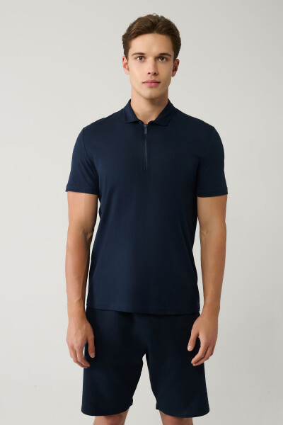 Men's Navy Blue Polo Collar T-shirt 100% Cotton Zip Regular Fit E001034 - 6