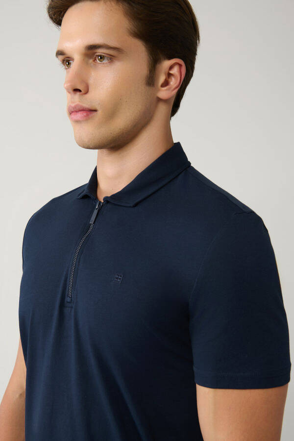 Men's Navy Blue Polo Collar T-shirt 100% Cotton Zip Regular Fit E001034 - 7