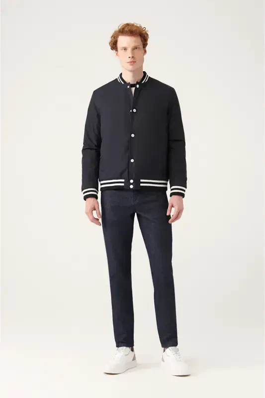 Men's Navy Blue Quilted Ribbed Snap-Front Water-Repellent Jacket A31y6005-Navy Blue - 2