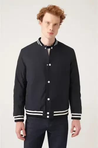 Men's Navy Blue Quilted Ribbed Snap-Front Water-Repellent Jacket A31y6005-Navy Blue - 3