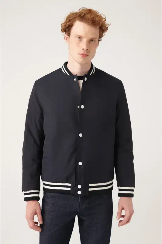 Men's Navy Blue Quilted Ribbed Snap-Front Water-Repellent Jacket A31y6005-Navy Blue - 3