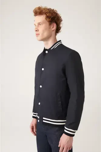 Men's Navy Blue Quilted Ribbed Snap-Front Water-Repellent Jacket A31y6005-Navy Blue - 4