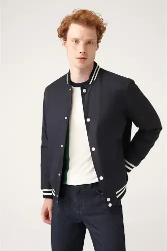 Men's Navy Blue Quilted Ribbed Snap-Front Water-Repellent Jacket A31y6005-Navy Blue - 5