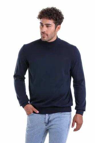 Men's Navy Blue Regular Fit 100% Cotton Mock Neck Knit Sweater - Navy Blue - 1