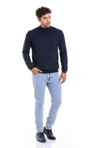 Men's Navy Blue Regular Fit 100% Cotton Mock Neck Knit Sweater - Navy Blue - 3