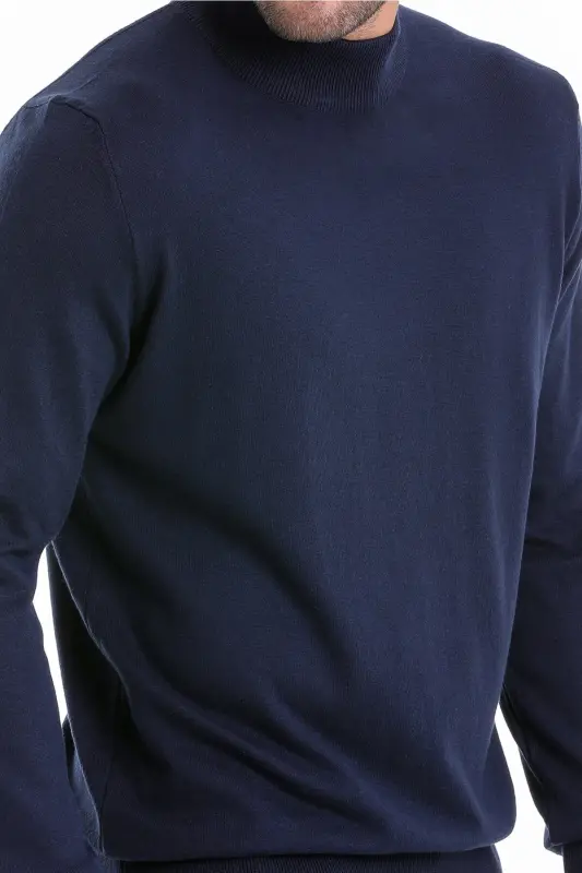 Men's Navy Blue Regular Fit 100% Cotton Mock Neck Knit Sweater - Navy Blue - 4