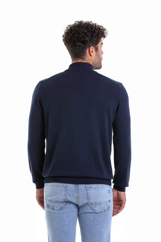 Men's Navy Blue Regular Fit 100% Cotton Mock Neck Knit Sweater - Navy Blue - 5