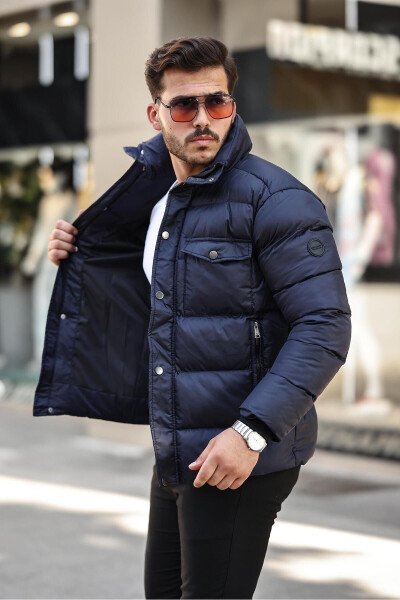 Men's Navy Blue Regular Fit Stand Collar Water and Windproof Puffer Jacket - 7